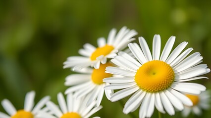 Obraz premium Close-up of fresh daisies with a soft green backdrop, natural light enhancing their delicate beauty.