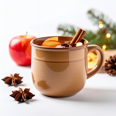 Festive mulled cider presentation in a ceramic mug with christmas spices against white background