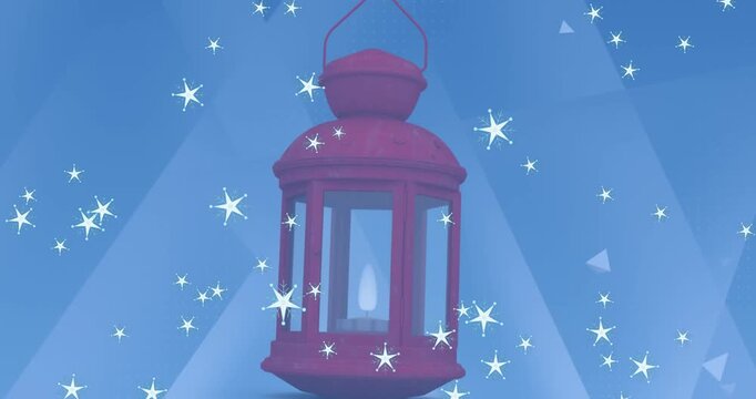 Animation of star icons falling over christmas lamp against blue background with copy space