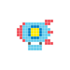 A flat pixel design made of geometric square color blocks on a clean icon layout. Pixel art zeppelin © Adpragus