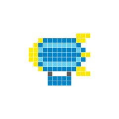 A flat pixel design made of geometric square color blocks on a clean icon layout. Pixel art zeppelin © Adpragus