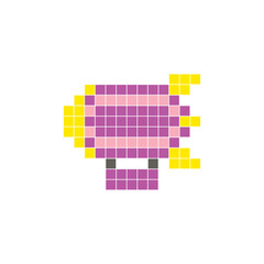 A flat pixel design made of geometric square color blocks on a clean icon layout. Pixel art zeppelin © Adpragus