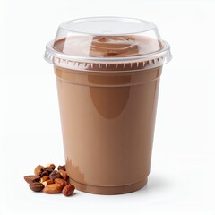 Delicious chocolate smoothie in a clear plastic cup on white background delight