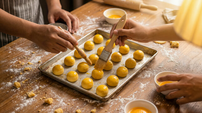 Hands glazing pineapple tart cookies on baking sheet for Eid holiday