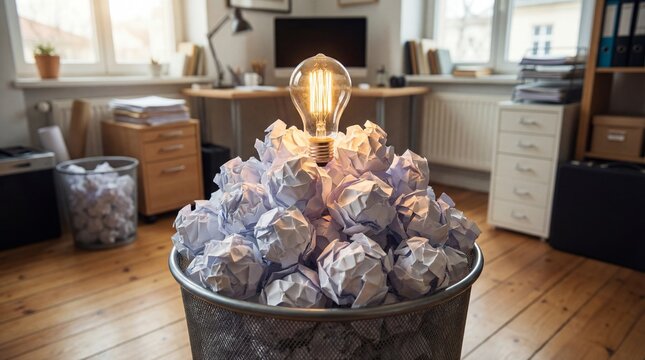 Bright idea emerges from crumpled papers in office waste bin
