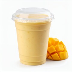 Refreshing mango smoothie in a clear plastic cup with white background aesthetic