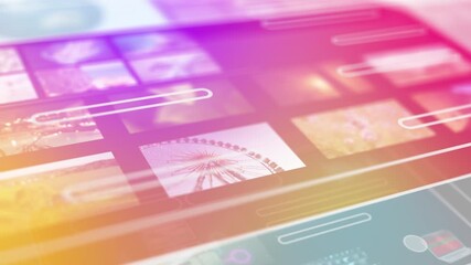 Dynamic abstract interface animation showing colorful social media content panels, blurred media previews and flowing UI elements representing digital platforms, engagement, online content streams - Powered by Adobe