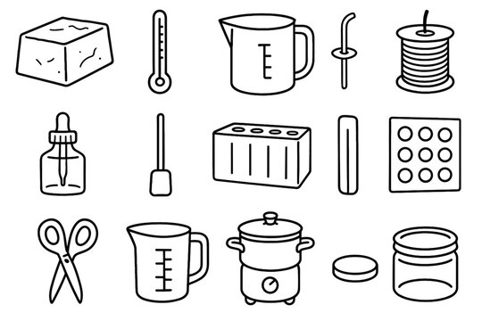 Pot measuring fragrance wick making bottle thermometer scissors vector icon candle stirring