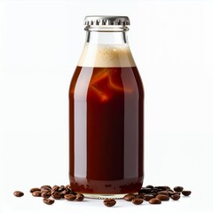 Iced coffee in a glass bottle with coffee beans on a white background offers a refreshing cold brew beverage