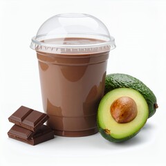 Delicious avocado chocolate smoothie composition with chocolate bar in white background