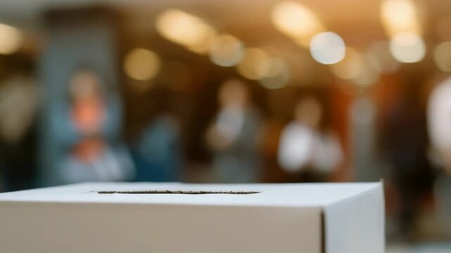 Close up of a voter's hand placing a ballot into a box during an election