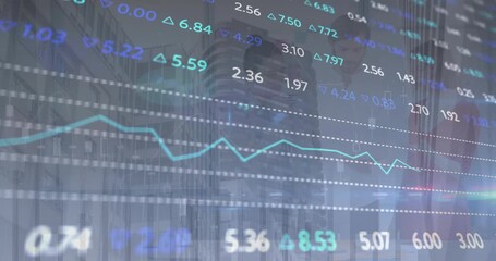 Animation of financial data processing over cityscape and business people - Powered by Adobe