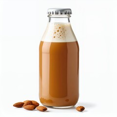 Glass bottle filled with creamy almond milk with foam in a white background