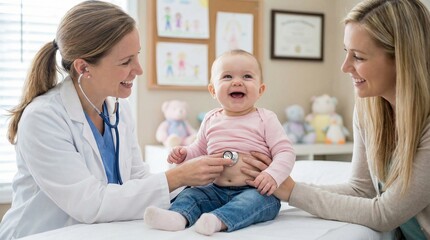 Obraz premium Smiling Female Pediatrician Examining Happy Baby with Stethoscope and Mother