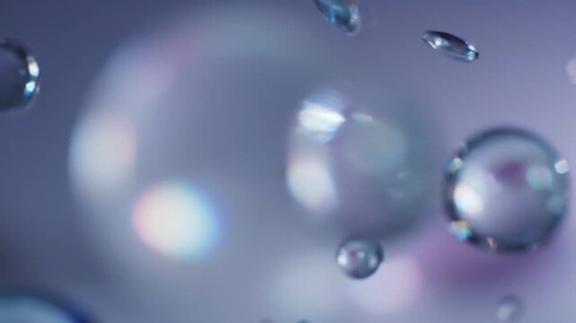 Water droplets float in mid-air against a blurred purple background with bokeh effect.