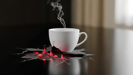 Steaming white coffee cup on cracked surface with glowing red embers