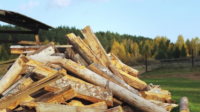 pile.wood firewood.birch firewood. slow motion video.High quality 4k footage