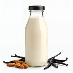 Creamy almond and vanilla beverage in clear bottle showcased on white backdrop