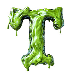 Top View of Letter T Made of Blue Neon Slime Isolated on Transparent Background