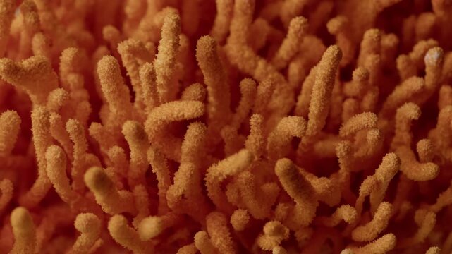 Camera slowly pans right to left while zooming in on cordyceps militaris fungus. Macro shot reveals detailed orange filaments and natural clustered structure in vibrant organic focus.