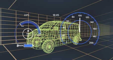 Animation of speedometer data processing over 3d car drawing - Powered by Adobe