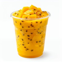 Refreshing tropical fusion drink with mango chunks and passion fruit seeds on white background