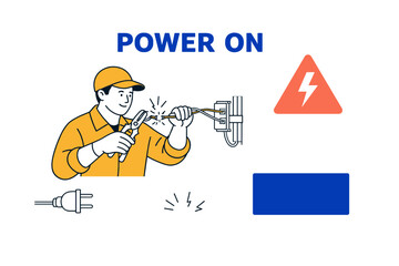 Illustration of male electrician handling wires with safety icons