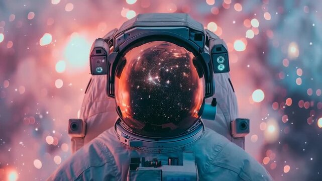Astronaut exploring galaxy reflected in helmet visor