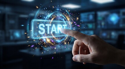 Human hand touching a glowing blue "START" button in a futuristic digital interface with abstract light effects and a dark tech background.