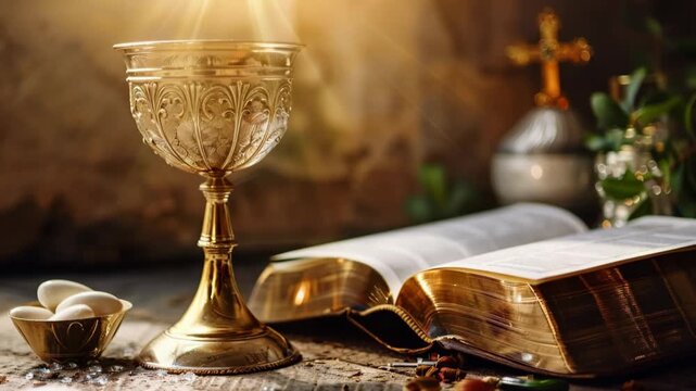 First holy communion chalice with bible and rosary