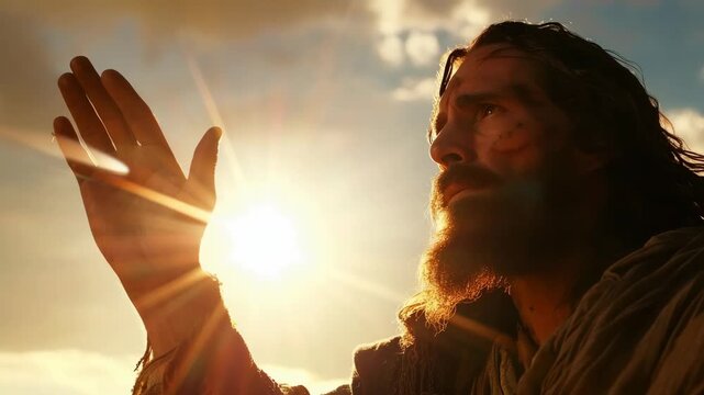 Jesus christ raising hand in prayer towards heaven