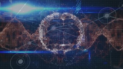 Animation of network of connections and data processing against spinning human brain icon - Powered by Adobe