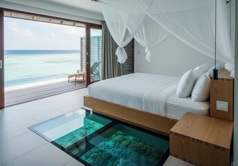 Naklejka premium Luxury water villa bedroom interior with glass floor viewing coral reef and sea horizon