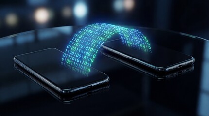Two smartphones connected by a glowing digital stream of binary code, symbolizing data transfer and connectivity.