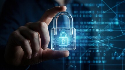 Hand holding transparent lock with circuit board design on digital background