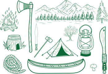Essential collection of hand drawn camping and wilderness survival gear illustrations perfect for outdoor adventure themes © Creative_Rasma