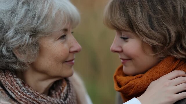 Active senior grandmother shares a warm smile with her adult daughter during a cozy outdoor gathering in nature on a chilly autumn afternoon