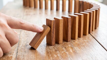 A finger about to push the first domino in a long line of dominoes set up on a wooden surface.