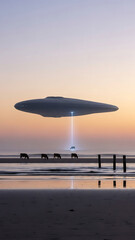 Mysterious UFO hovers above serene beach with grazing horses at sunset