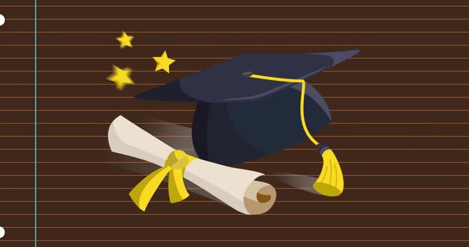 Animation of gold stars, mortarboard and diploma scroll over lined brown notebook page