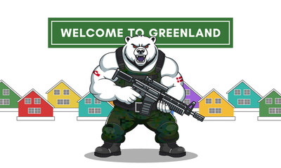 Vector illustration of angry powerful huge muscular polar bear in pixelated military uniform with automatic rifle. Welcome to Greenland. Colorful traditional northern houses. Wild armed animal