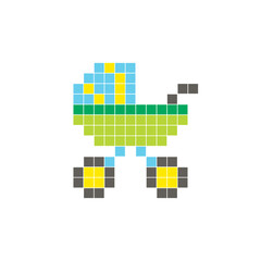 Fototapeta premium A flat pixel design made of geometric square color blocks on a clean icon layout. Pixel art baby stroller