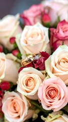 Obraz premium Rings nestled in a bouquet of soft peach, cream, and pink roses with tiny maroon berries