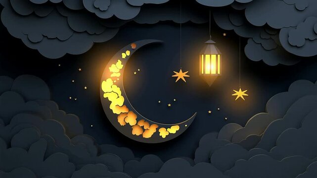 Ramadan Crescent Moon Lantern Night Sky Clouds Stars Islamic Decoration