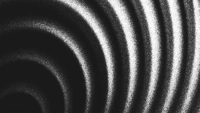 Grainy black and white background with concentric circular waves, glowing highlights and spiral ripples created from thousands of individual dots. Glares create an illusion of depth and optical motion