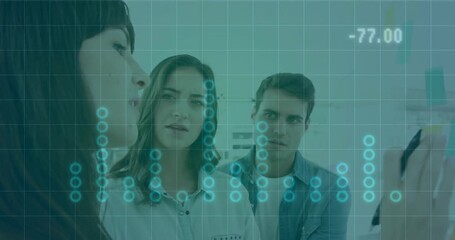 Discussing data analysis, people using animation with digital graph in office - Powered by Adobe