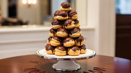 Tower of French profiteroles cream puffs filled with pastry cream and coated in glossy chocolate glaze