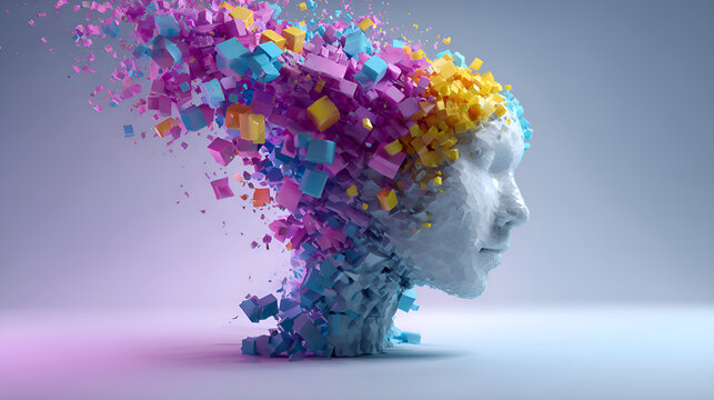 Artificial intelligence head dispersing colorful creative thoughts