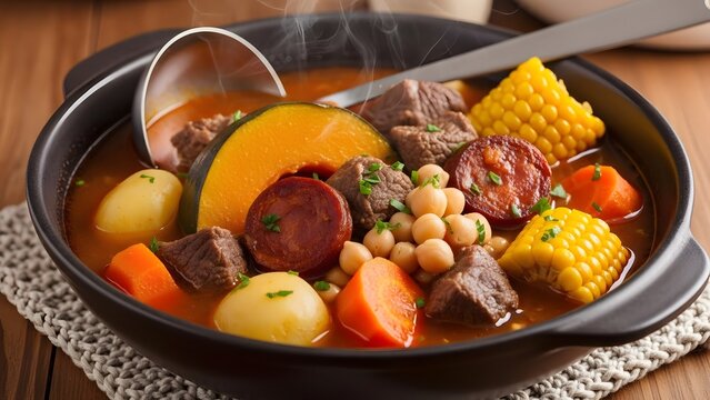 Uruguayan puchero stew with chickpeas beef chorizo and pumpkin hearty South American winter one pot meal
