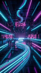 Futuristic sci-fi tunnel with glowing neon cyan and pink light trails flowing through digital circuit board corridor, concept of high speed data transfer and artificial intelligence.